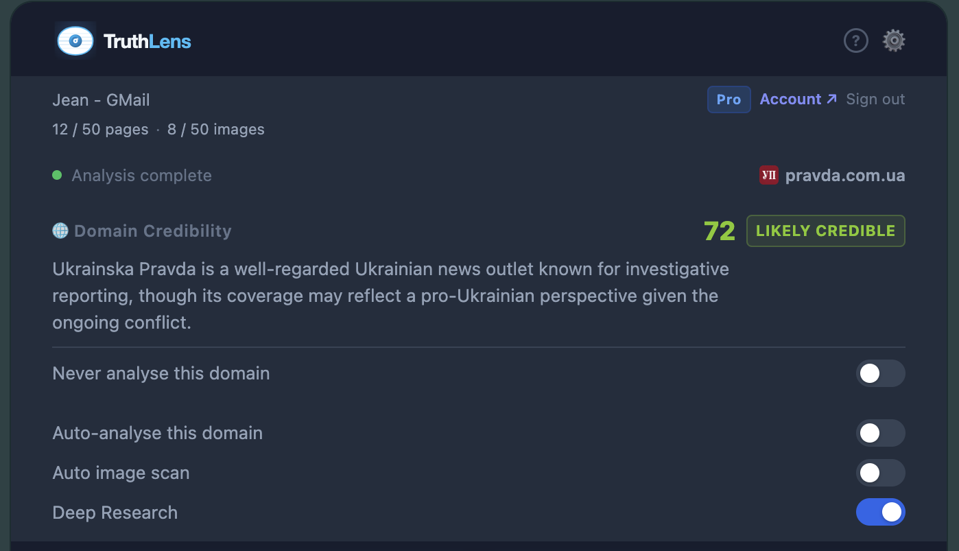 TruthLens side panel showing a domain credibility score of 72 for pravda.com.ua, with auto-analysis and Deep Research toggles